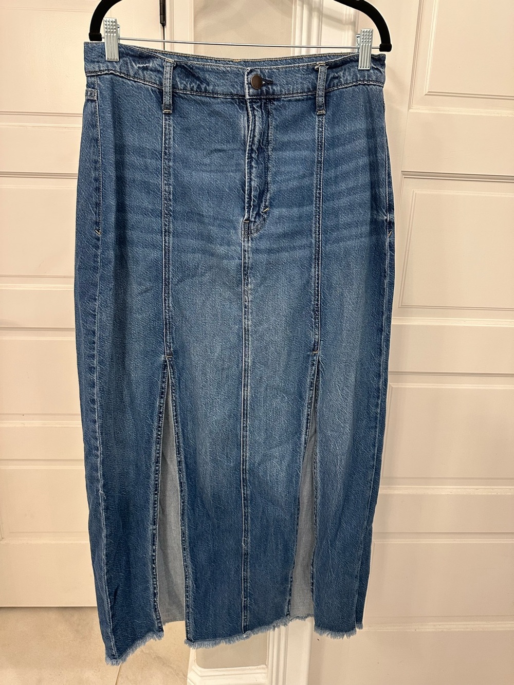 A.N.A Womens 12 High Rise Denim Maxi Skirt Blue Jean Medium Wash Double Slit 90s
